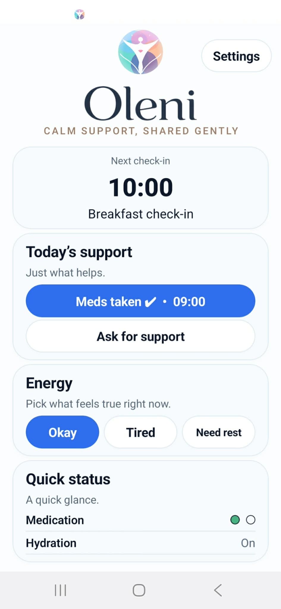 Oleni home screen showing a next check-in, Ask for support and Okay, Tired and Need rest energy choices.