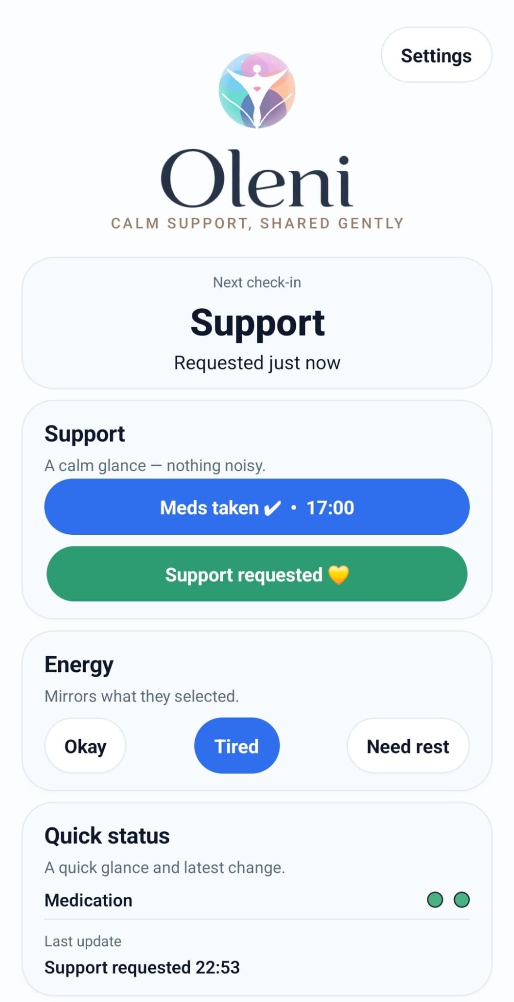 Oleni linked support screen showing a strictly view-only support request update.