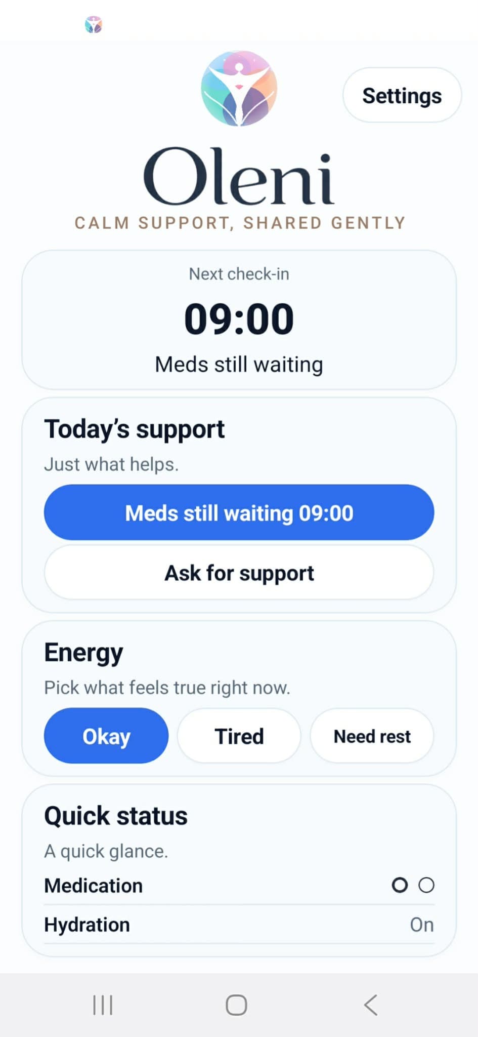 Oleni screen for asking a trusted support person for help.